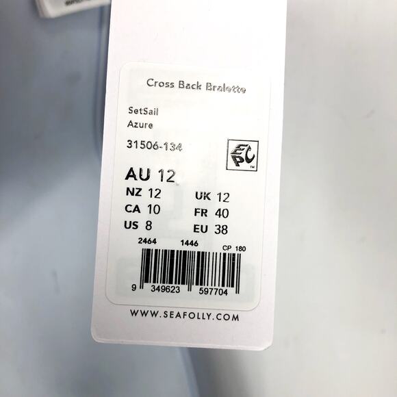 SEAFOLLY Women's Set Sail Cross Back Bralette Bikini Top Size 8 Blue Azure NWT - Picture 8 of 11